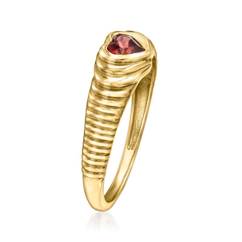 14kt yellow gold heart garnet ring with ribbed shoulders and red heart gemstone setting