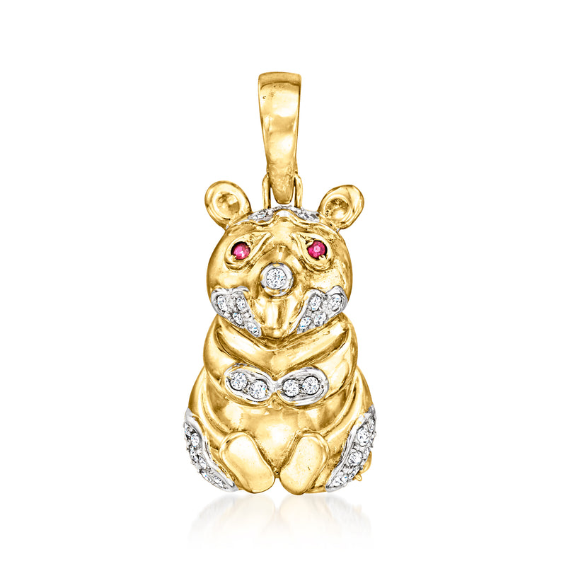Vintage bear pendant in 14kt yellow gold with diamonds and ruby eyes