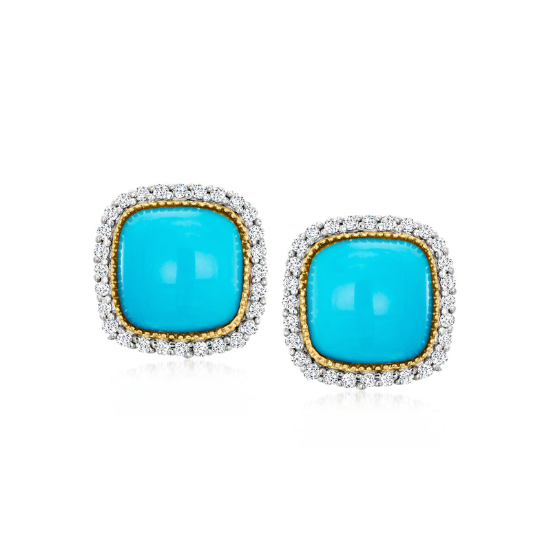 Turquoise and diamond halo stud earrings in 14kt yellow gold, square cushion posts