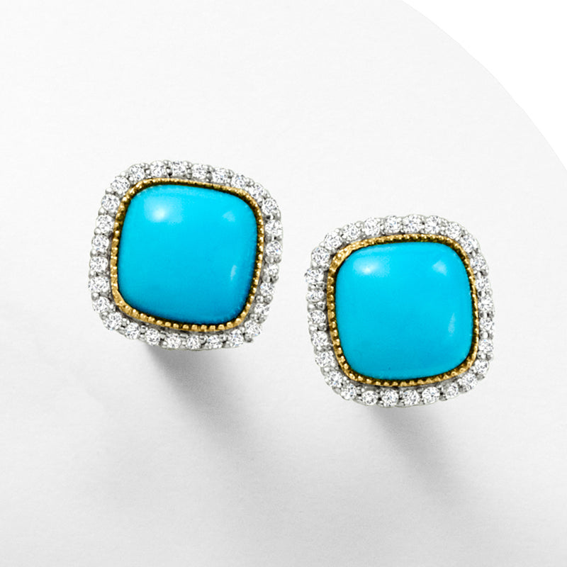 Turquoise and diamond halo square stud earrings, 14kt yellow gold posts