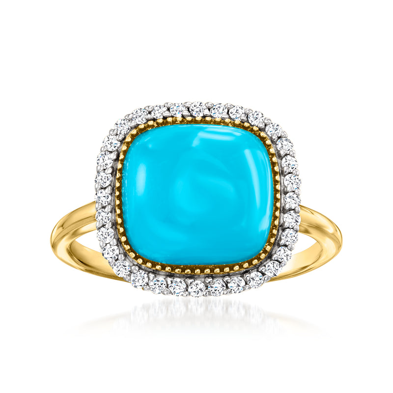 Turquoise cushion center ring with diamond halo and 14kt yellow gold band