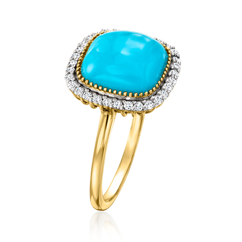 Turquoise cushion stone ring with diamond halo in 14kt yellow gold, side view