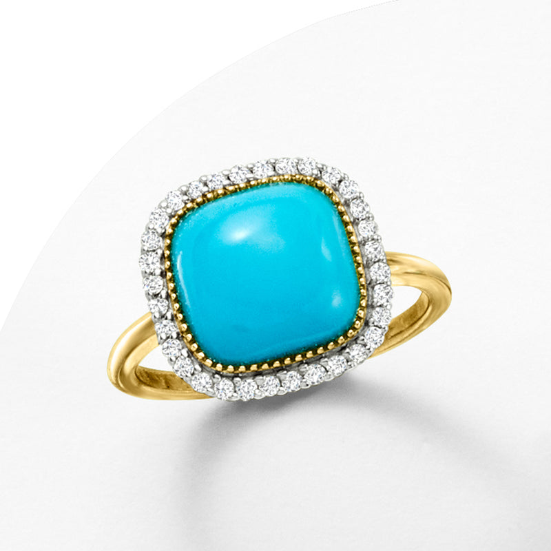Turquoise and diamond ring in 14kt yellow gold with cushion halo design