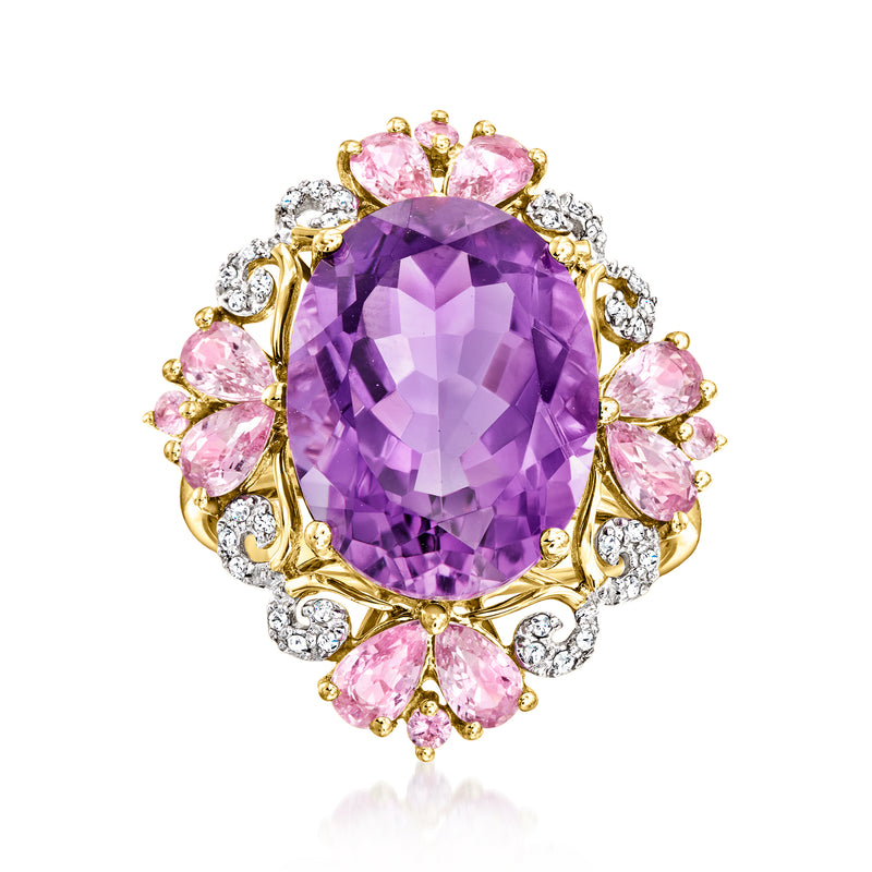 Oval amethyst halo ring in 14kt yellow gold with pink sapphires and diamond accents