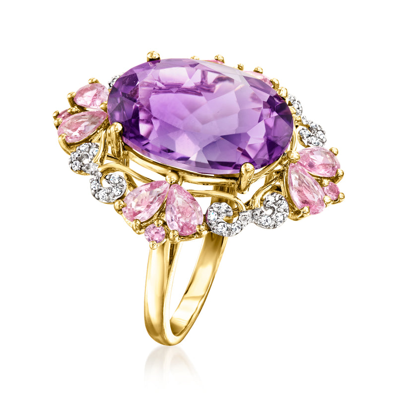 Oval amethyst ring with pink sapphire and diamond halo, yellow gold band