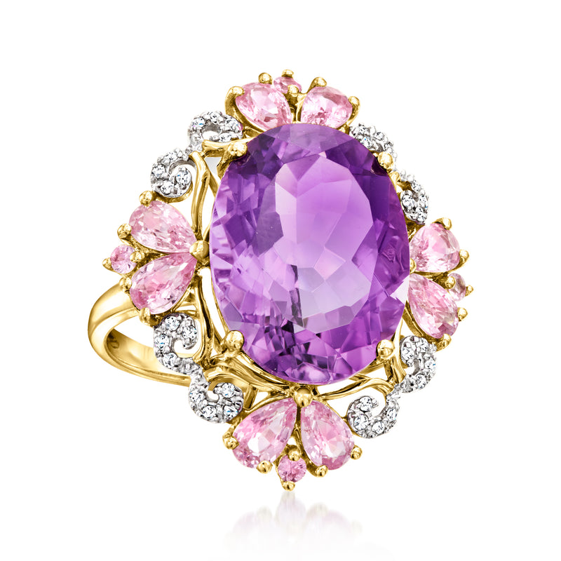 Purple oval amethyst ring with pink sapphire and diamond halo, yellow gold