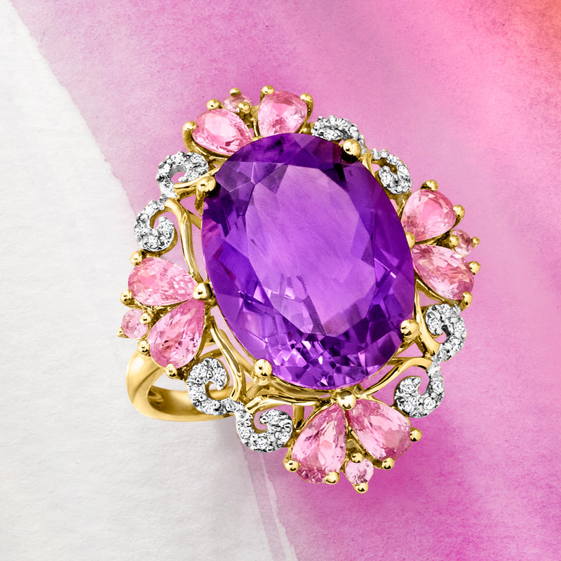 Oval amethyst and pink sapphire halo ring with diamond side stones, yellow gold