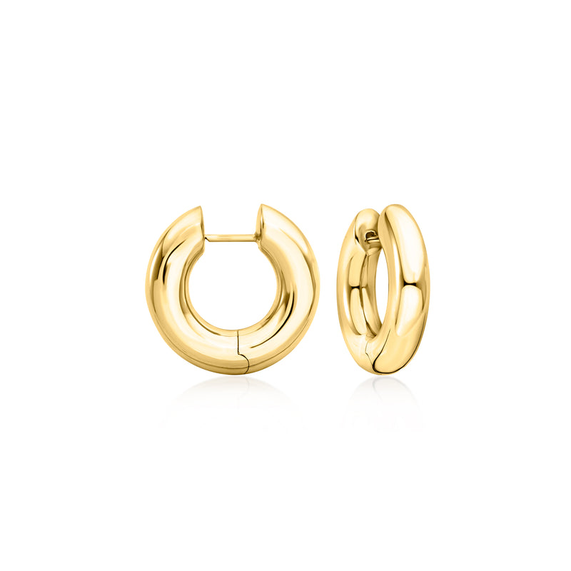 14kt yellow gold chunky hoop earrings, polished round hoops with hinge clasp