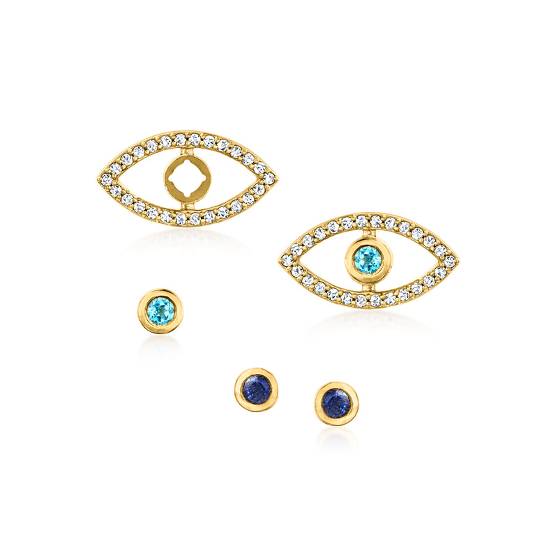 Evil eye earring jacket set with blue/teal eye jackets and interchangeable post studs