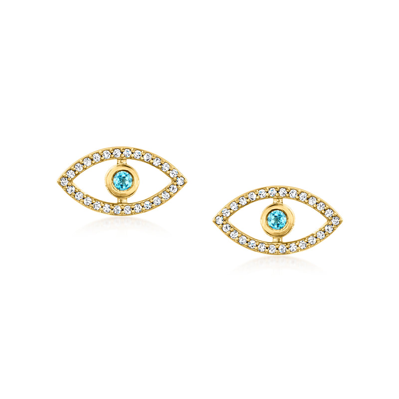 Evil eye earring jackets with light blue center stones and clear pave trim, post style