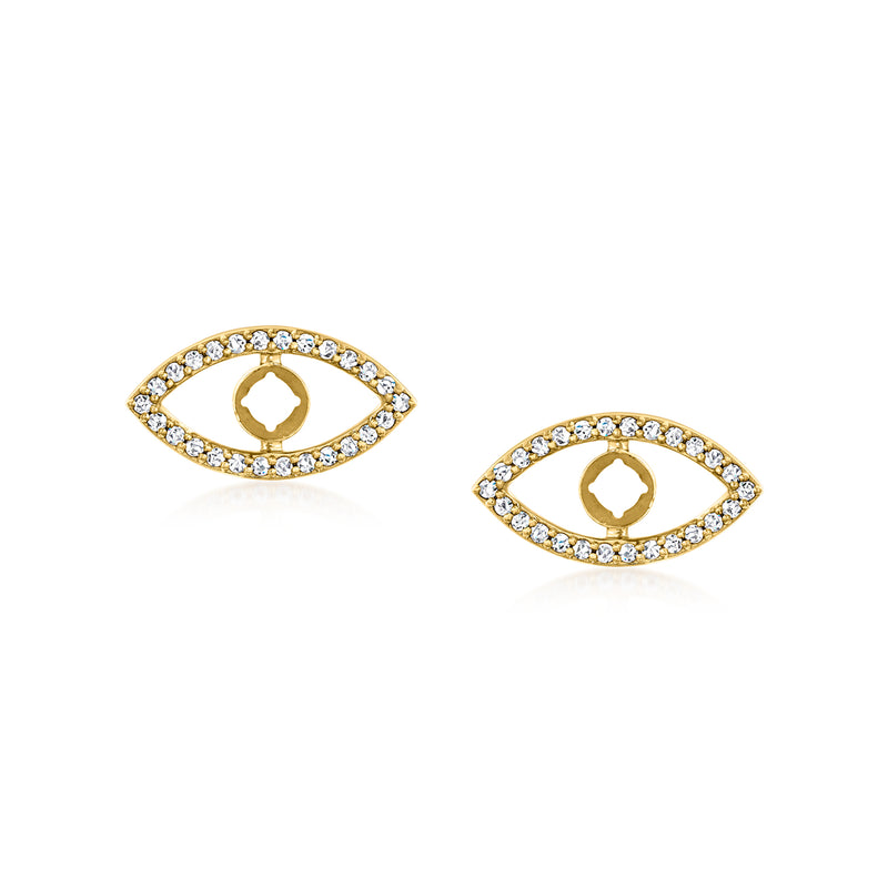 Evil eye earring jackets with gold evil-eye centers and clear pave border, post style
