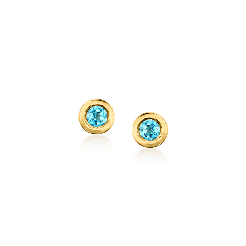 Round light blue gemstone post earrings in gold-toned bezel