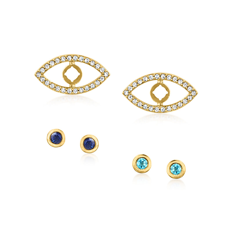 Evil eye earring jacket set with blue eye jackets plus interchangeable blue post studs