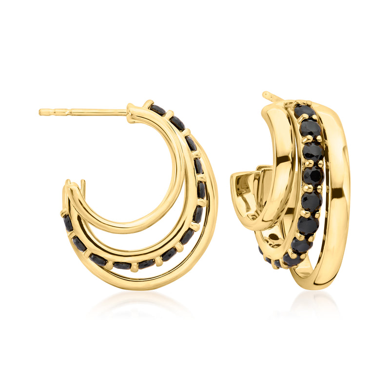 Gold over sterling hoop earrings with black spinel-style accents, convertible clasp detail
