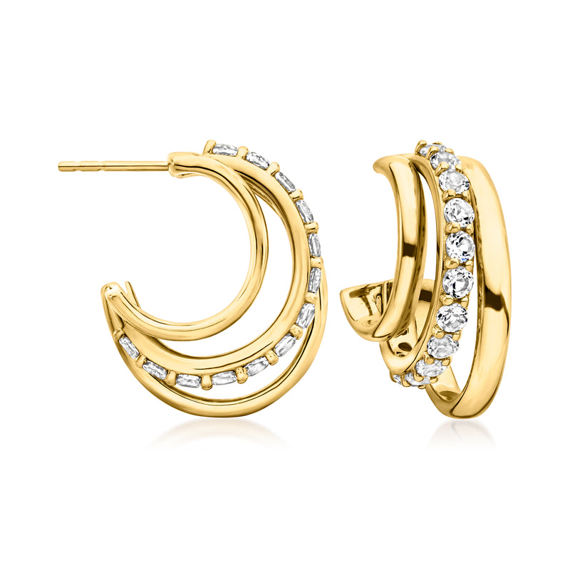 Gold hoop earrings with white topaz stones, hinged convertible dangle