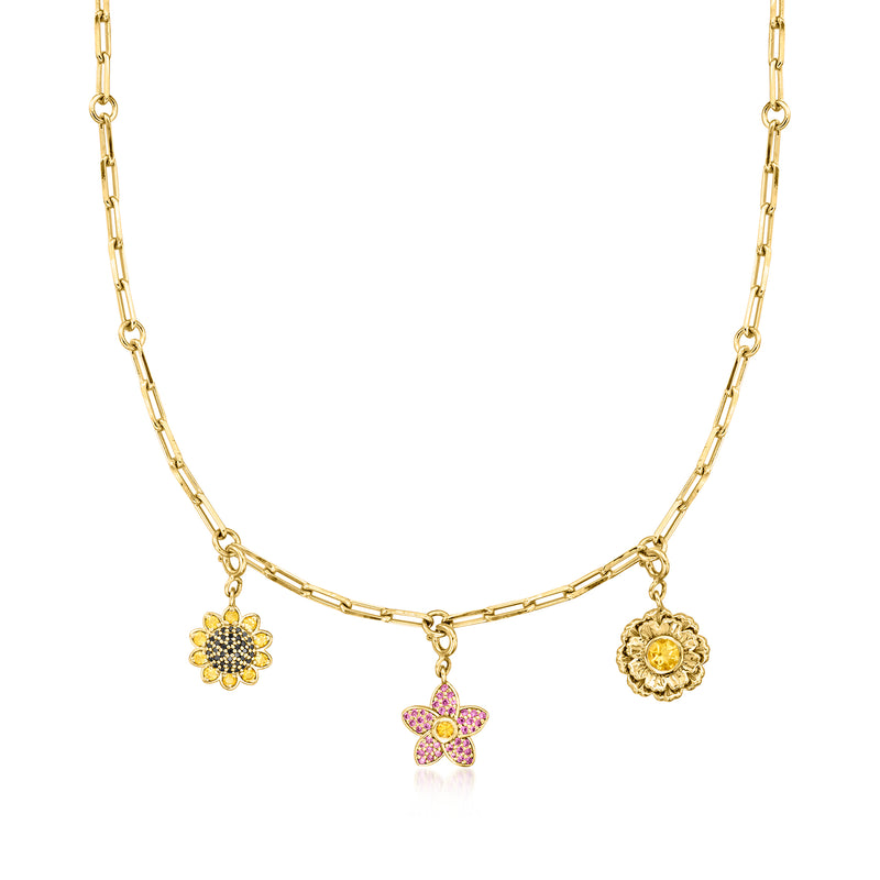 18kt gold over sterling necklace with three flower charms in pink and yellow gems