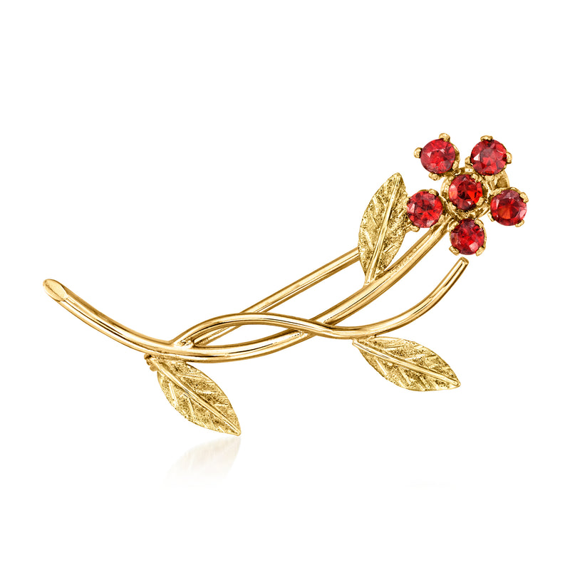 Vintage 18kt yellow gold garnet flower pin with red gemstone cluster and leaf accents