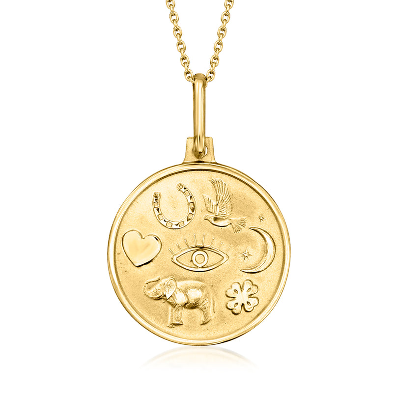 Round 14kt yellow gold lucky charms pendant on link chain, engraved symbols