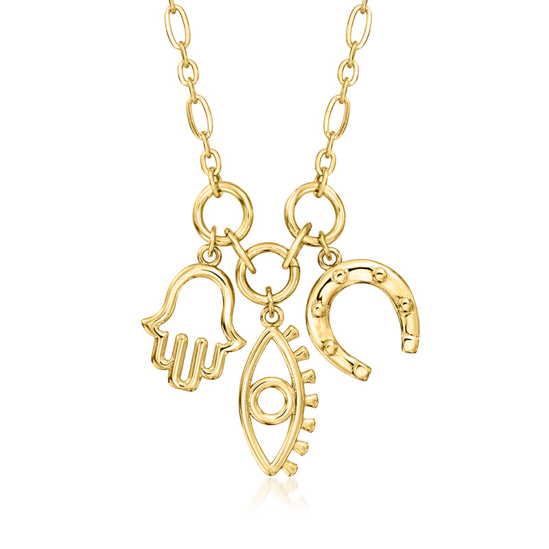 14kt yellow gold lucky charms necklace with hamsa, horseshoe, and eye charms