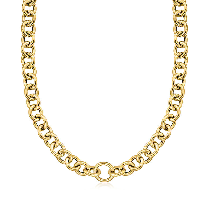 14kt yellow gold cable-link necklace with circular center link, polished