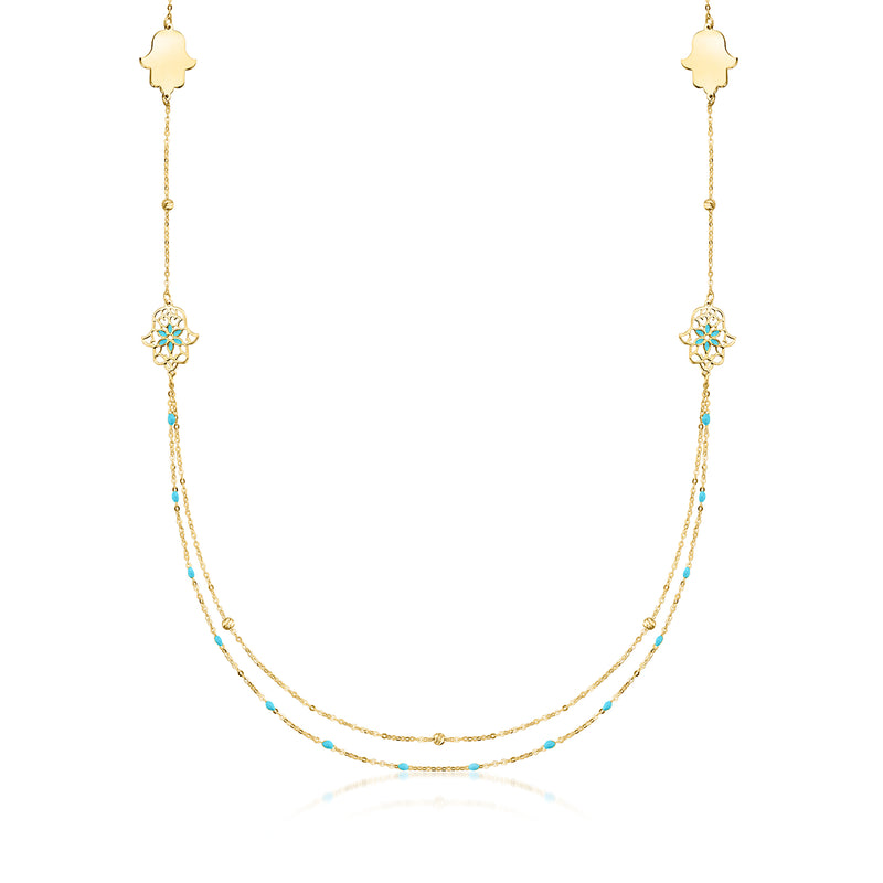 14kt yellow gold hamsa station necklace with turquoise enamel beads
