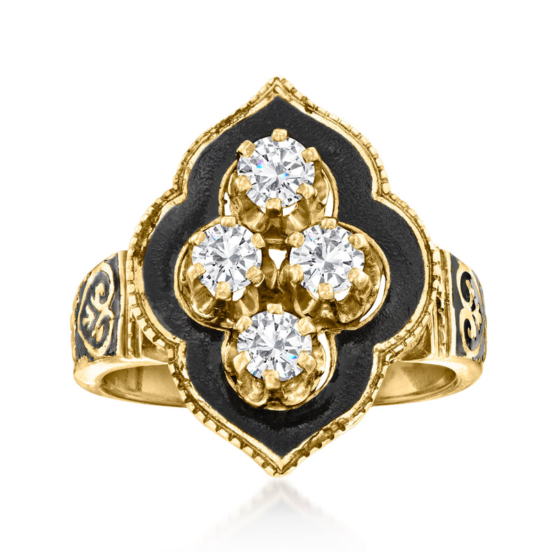 Vintage diamond ring in 10kt yellow gold with black enamel and four round diamonds