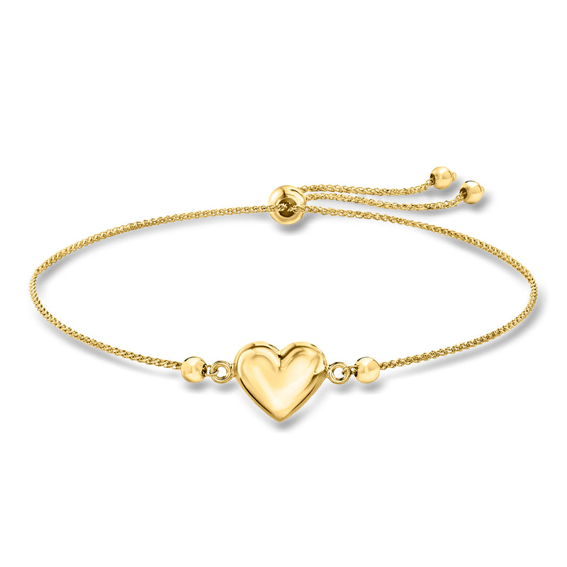 14kt yellow gold bolo bracelet with puffed heart charm and bead accents