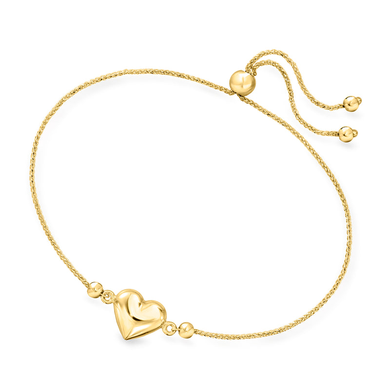 14kt yellow gold bolo bracelet with puffed heart charm and adjustable sliding ends