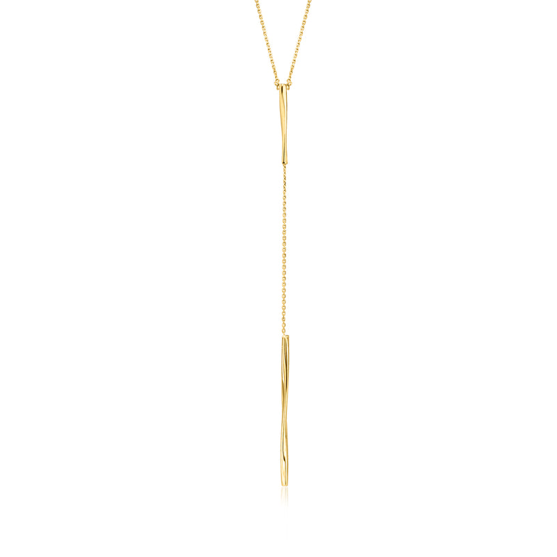 Yellow gold Y-necklace with linear bar pendant and dangling chain detail