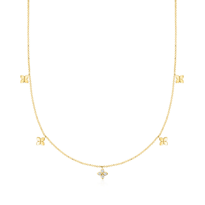 18kt yellow gold diamond station necklace with bow charms along the chain