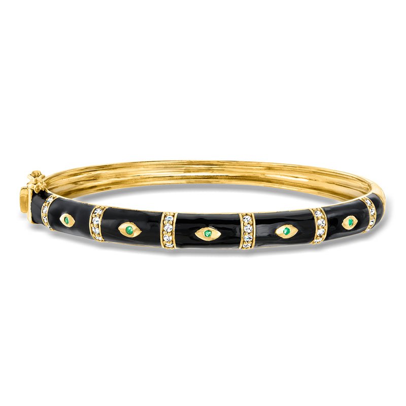 Gold evil eye bangle bracelet: black enamel, white topaz, green stones