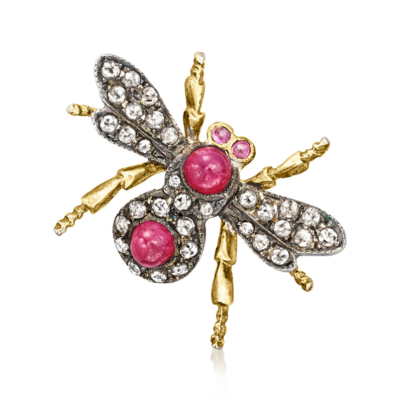 Vintage bumblebee pin with pink ruby cabochons and crystal stones, gold and silver tone