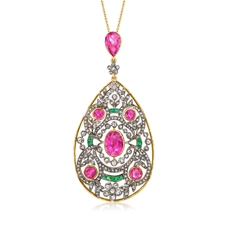 Teardrop floral pendant necklace with pink gemstones and clear stone accents, silver and gold