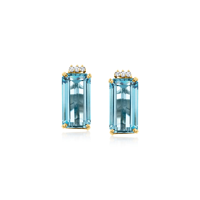 Rectangular London blue topaz stud earrings in 18kt yellow gold with diamond halo