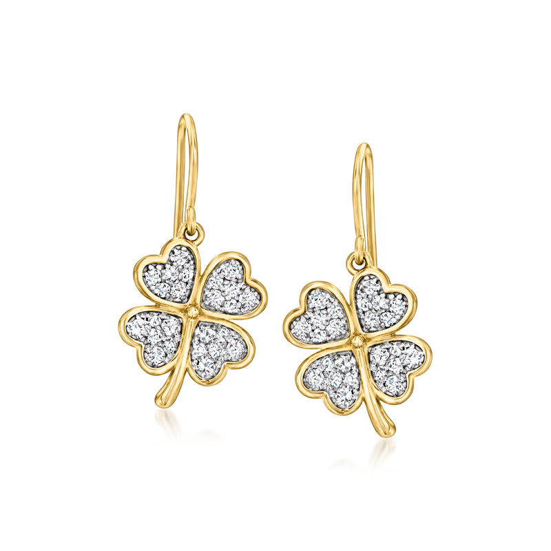 Gold over sterling clover drop earrings with CZ sparkle, heart-shaped petals