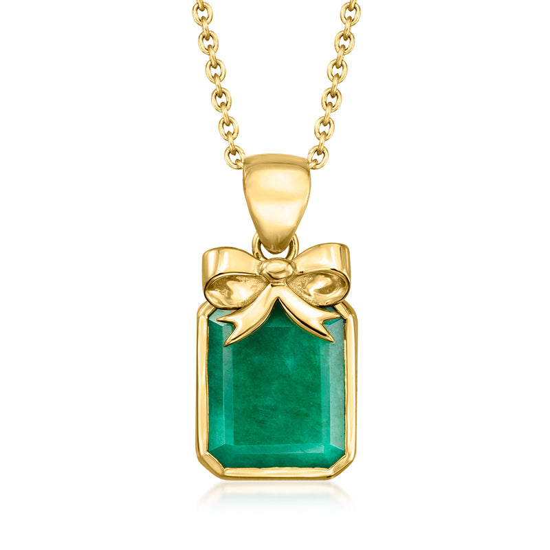 18kt gold-over-sterling emerald bow pendant necklace with rectangular green gemstone