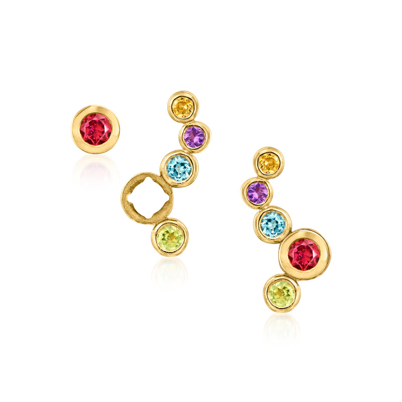 Multi-gemstone ear climber post earrings in gold over sterling with 5 colored stones