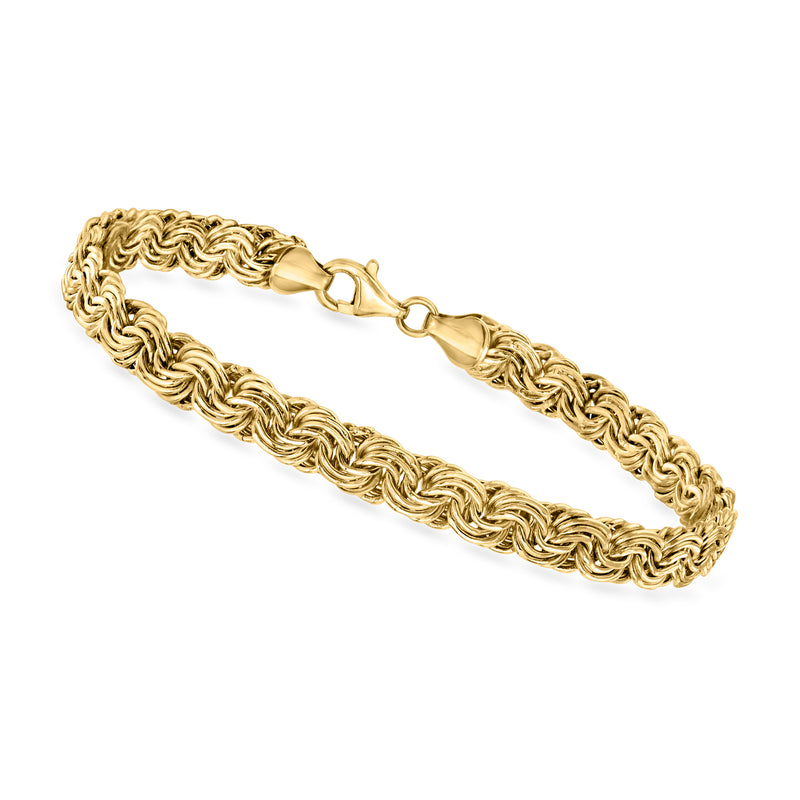 10k yellow gold rosette-link bracelet with twisted chain links and clasp