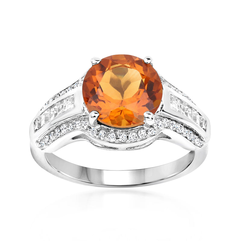 Sterling silver ring with oval orange citrine center and white topaz side stones
