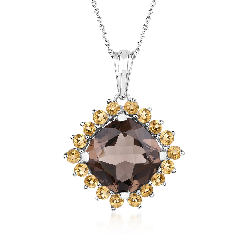 Sterling silver sunflower pendant necklace with smoky quartz center and citrine halo