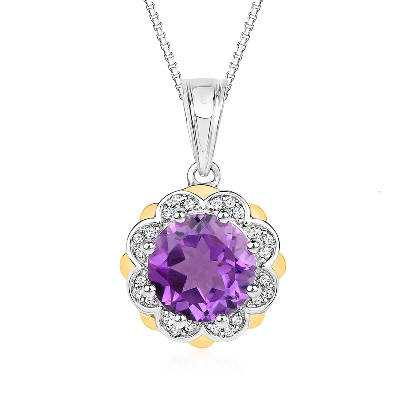 Amethyst flower pendant necklace with round purple gemstone, diamond halo, silver and yellow gold