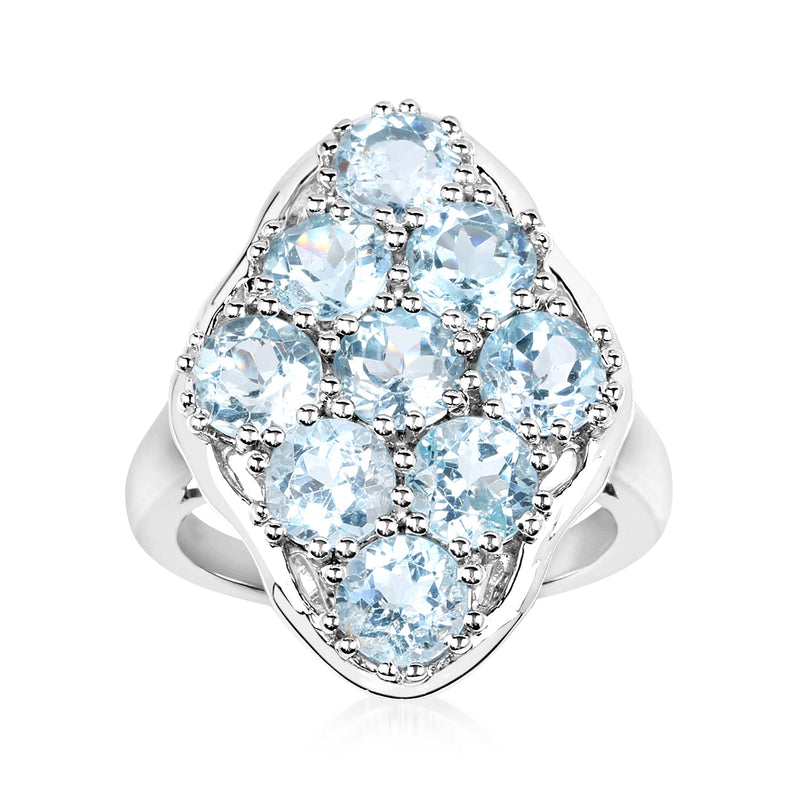 Sterling silver ring with sky blue topaz cluster, oval center with halo stones