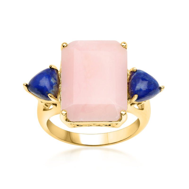 18kt gold over sterling ring with rectangular pink opal center and two blue lapis sides