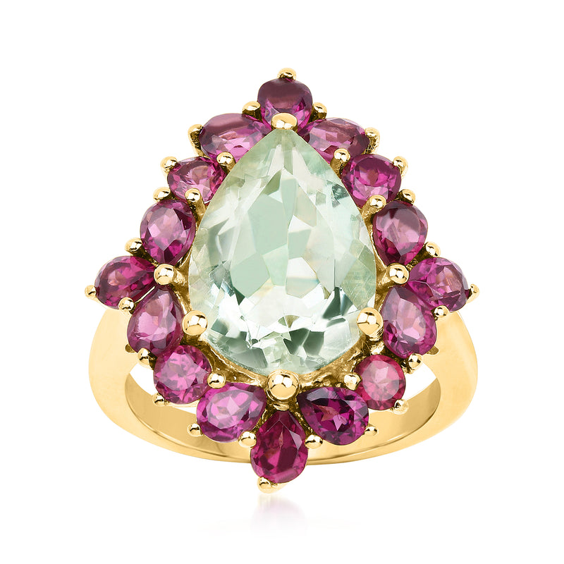 18kt gold ring: pear mint prasiolite center with purple rhodolite halo