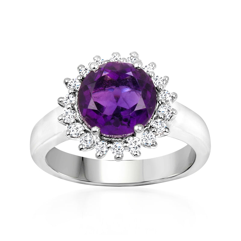 Sterling silver ring with oval amethyst center and white topaz halo accents