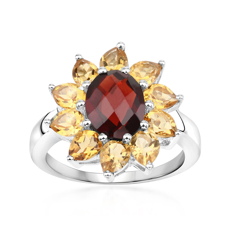Sterling silver flower ring with dark red oval garnet center and yellow citrine petals