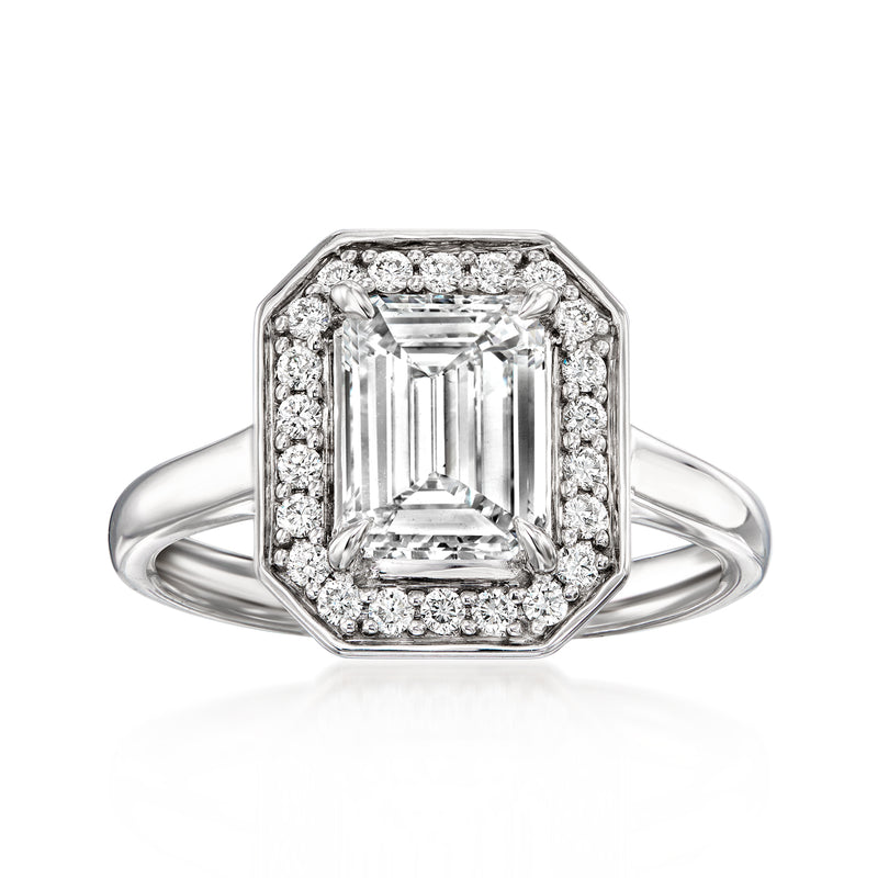 14kt white gold lab-grown diamond ring with emerald-cut center and halo
