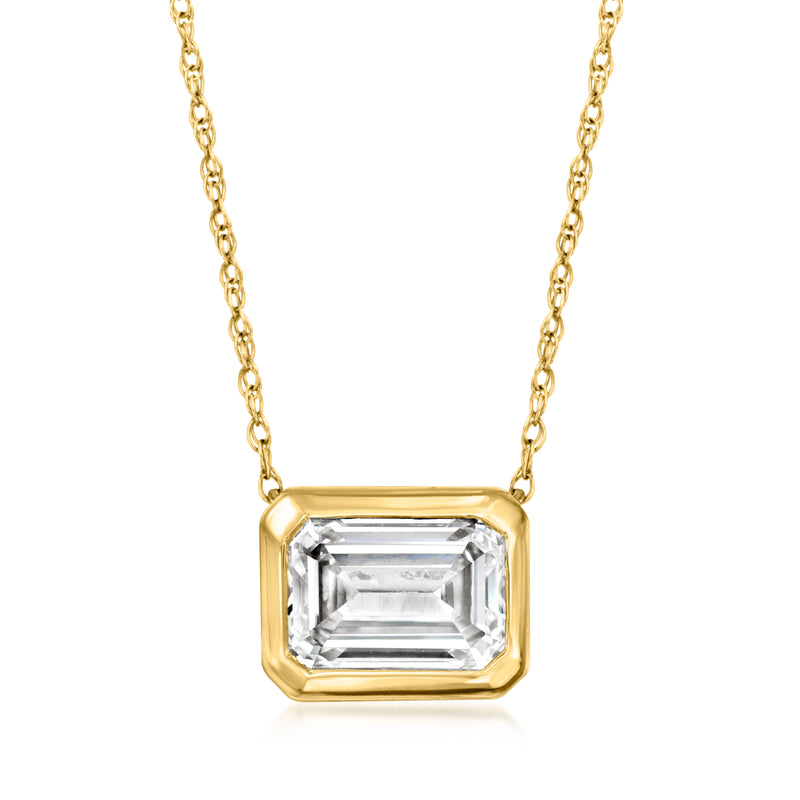 14kt yellow gold bezel-set lab-grown diamond pendant necklace, square-cut center