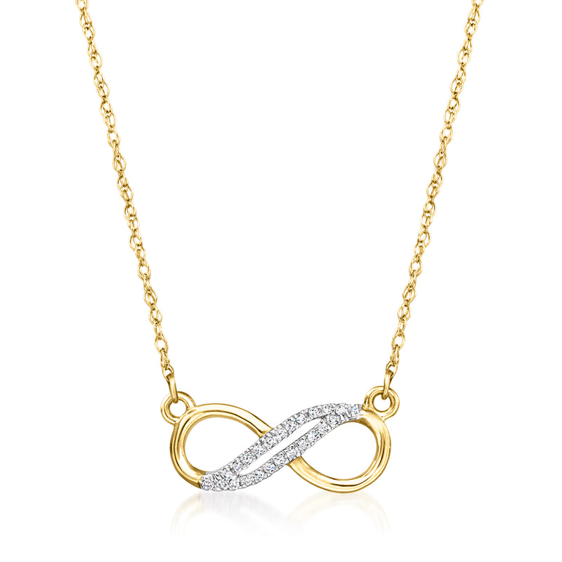 14kt yellow gold infinity necklace with diamond-studded crossover pendant