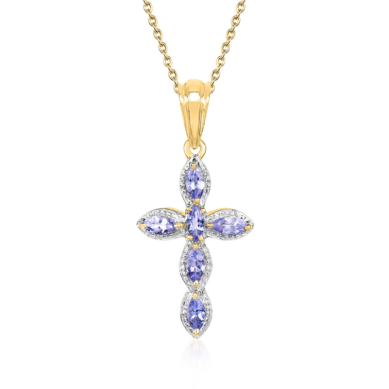 Cross pendant necklace with purple oval stones, gold-tone bail and silver setting